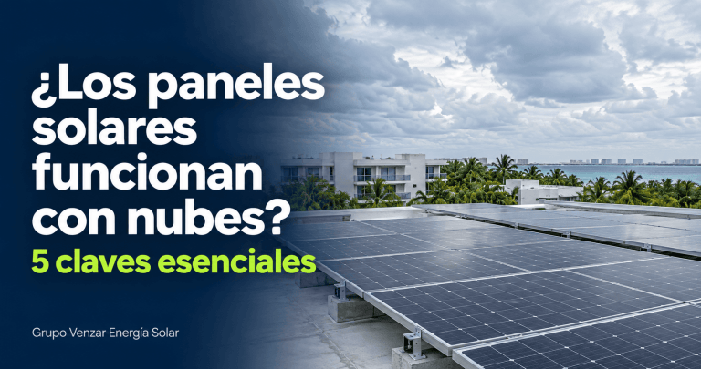 Ilustración de paneles solares en días nublados sobre el techo de un hotel.