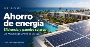 lustración de un hotel con alberca y paneles solares para promover el ahorro de energía.